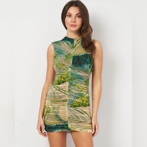 Zara Green and Cream Ruched Mini Dress